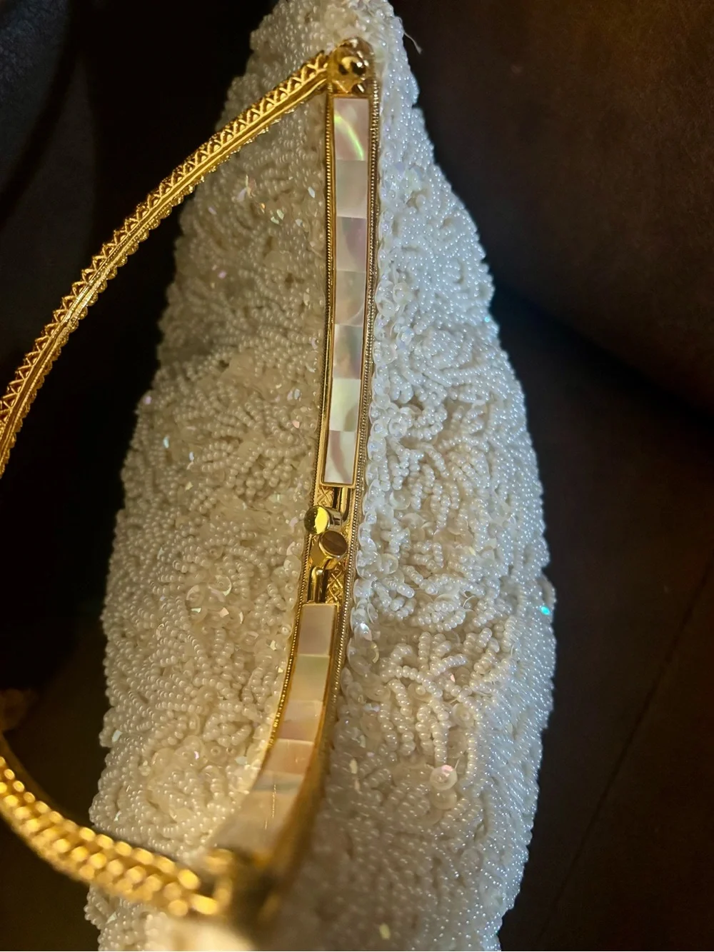White Beaded Evening Clutch with Gold Frame